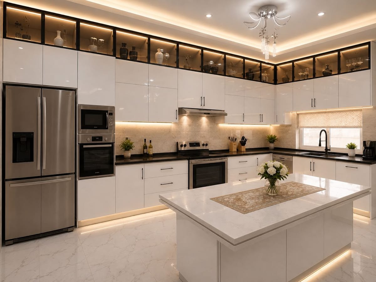 High-Gloss Acrylic Modular Kitchen with Calacatta Quartz Countertop & Seamless Edge #71